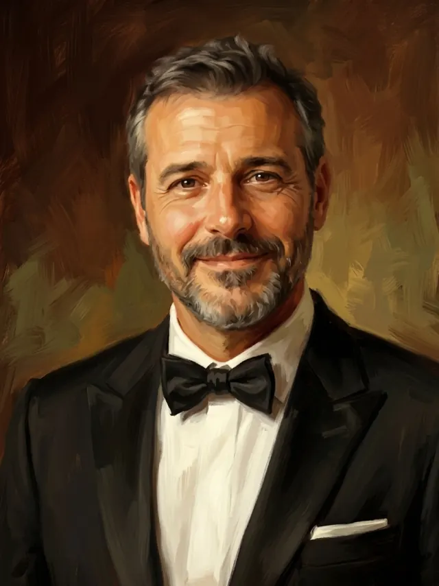 Oil portrait of a man in a black tuxedo and bow tie against a warm dark brown background