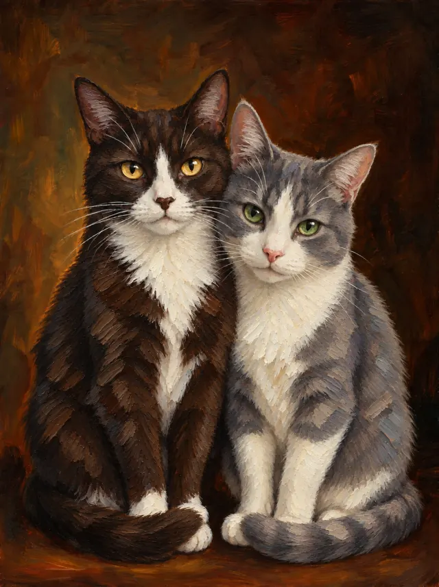 Oil painting of a chocolate tuxedo cat and a grey-and-white cat seated together with textured brushwork