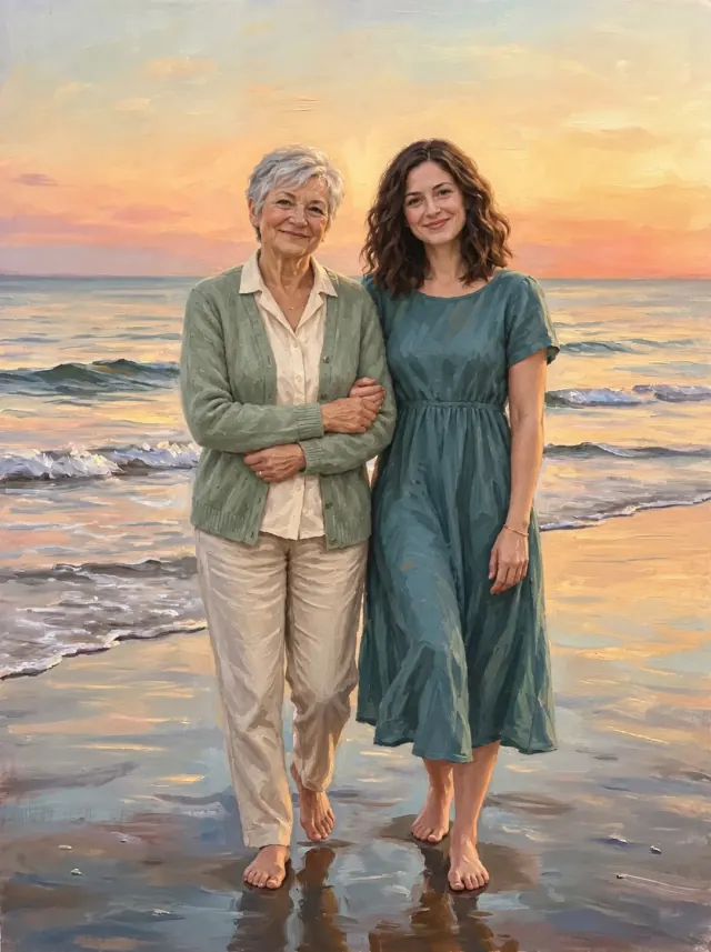 Oil painting of an older woman in a sage cardigan and a younger woman in a teal dress walking by the sea