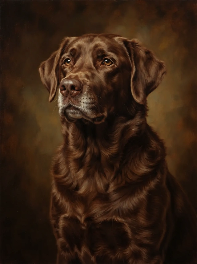 Oil-style portrait of a chocolate Labrador Retriever with warm brown eyes against a dark umber background