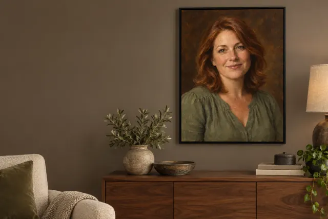 A framed oil portrait displayed in a softly lit home