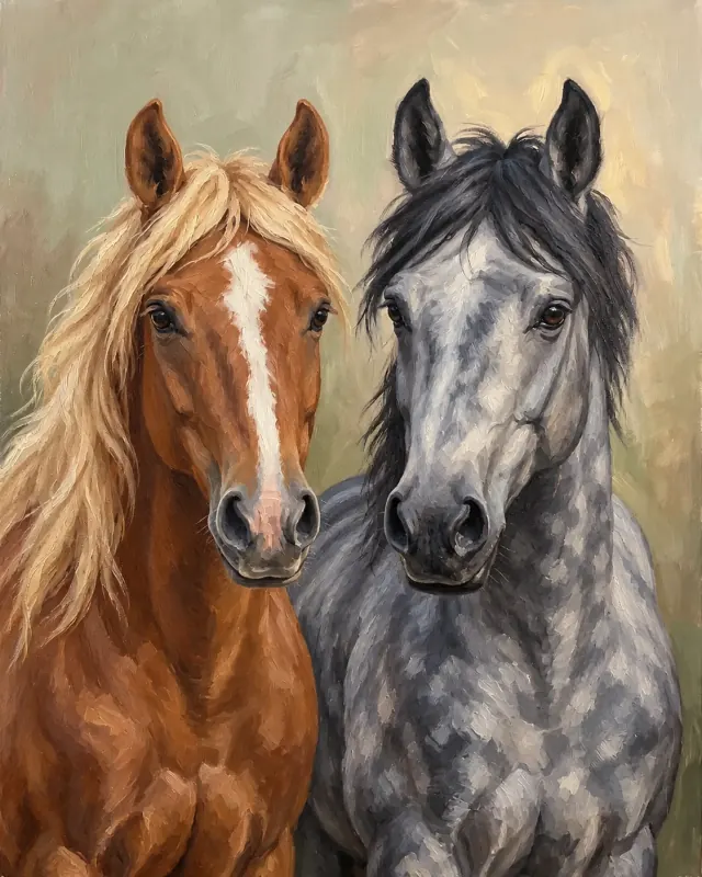 Oil painting of a flaxen-maned chestnut horse beside a dapple-grey horse