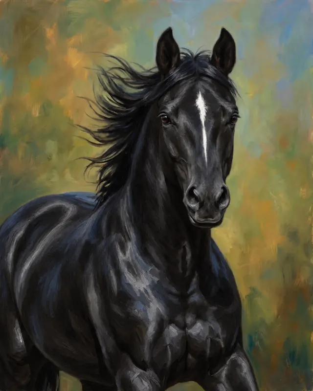 Oil painting of a black horse with a narrow white blaze and windswept mane