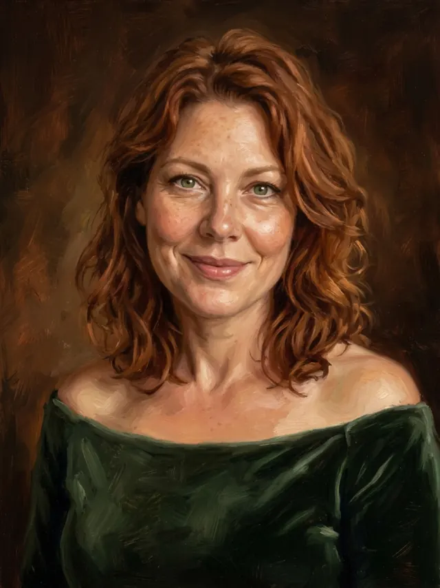 Canvas print example: Oil portrait of a woman in an emerald velvet evening gown against a warm dark brown background