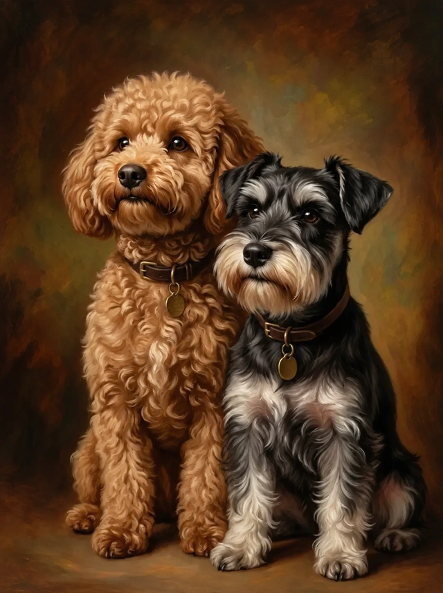 Oil-style portrait of an apricot curly-coated dog and a black-and-silver schnauzer sitting together against a warm dark brown background