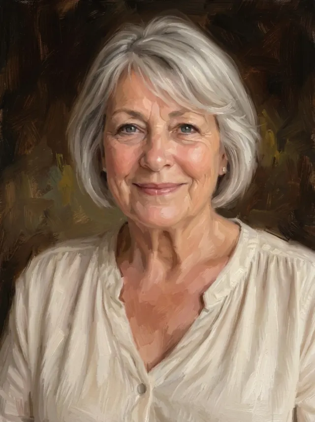 Oil portrait of an older woman in an ivory blouse against a softly painted dark brown background