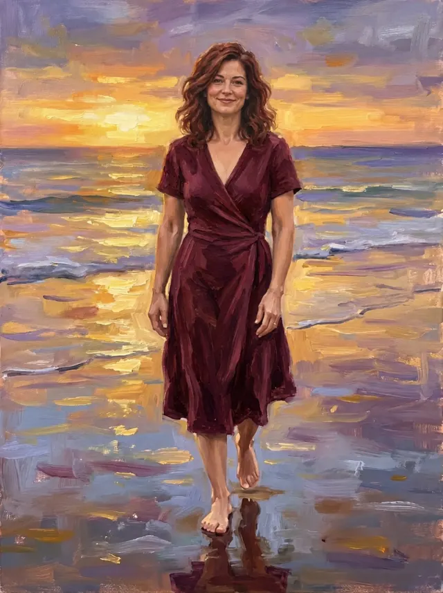 Oil painting of an auburn-haired woman in a burgundy dress walking barefoot at sunset