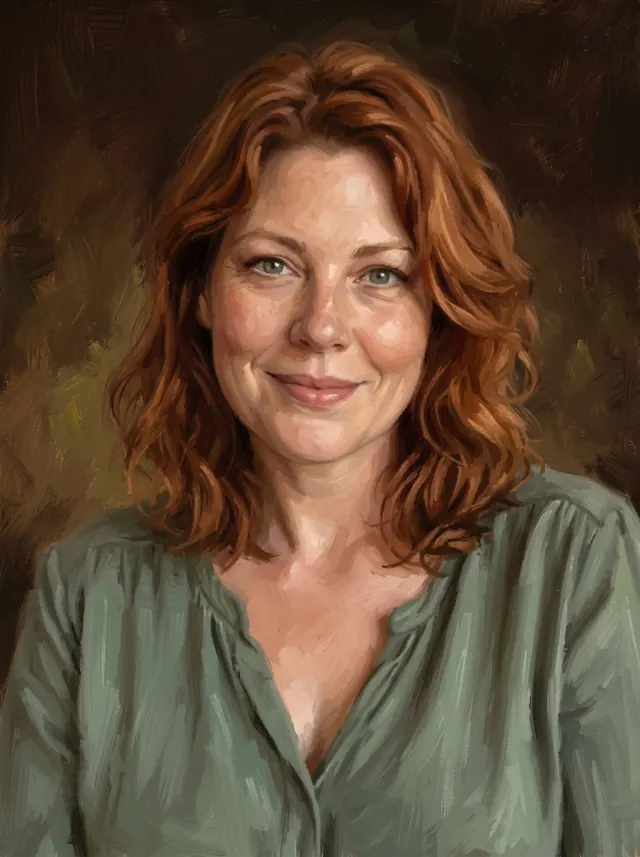 Oil portrait of a woman in a sage blouse against a softly painted dark brown background