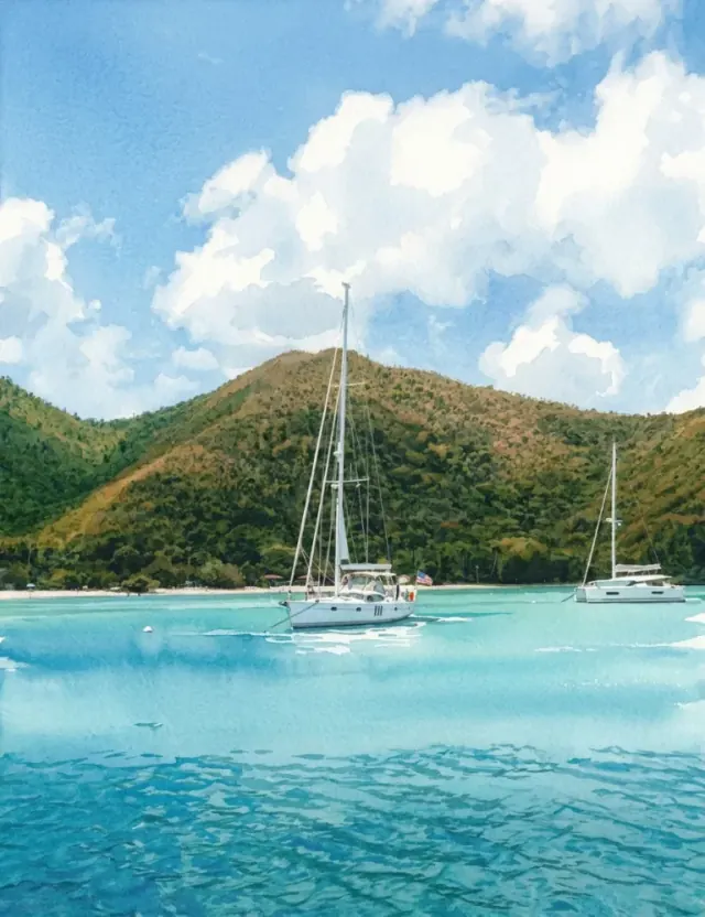 Painterly illustration of sailboats on turquoise water beneath green hills and white clouds
