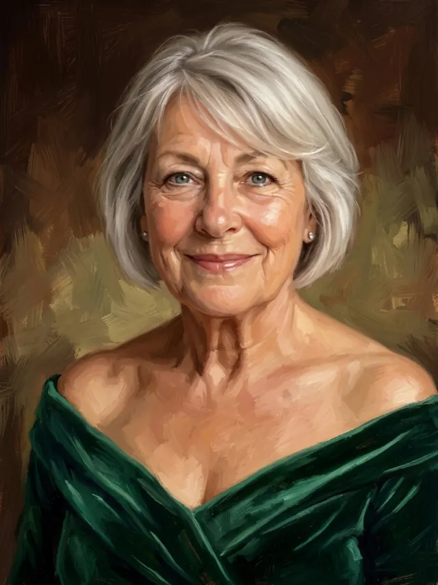 Oil portrait of an older woman in an emerald evening gown against a warm dark brown background
