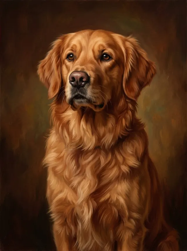 Oil-style portrait of a seated Golden Retriever with flowing golden fur against a warm dark brown background