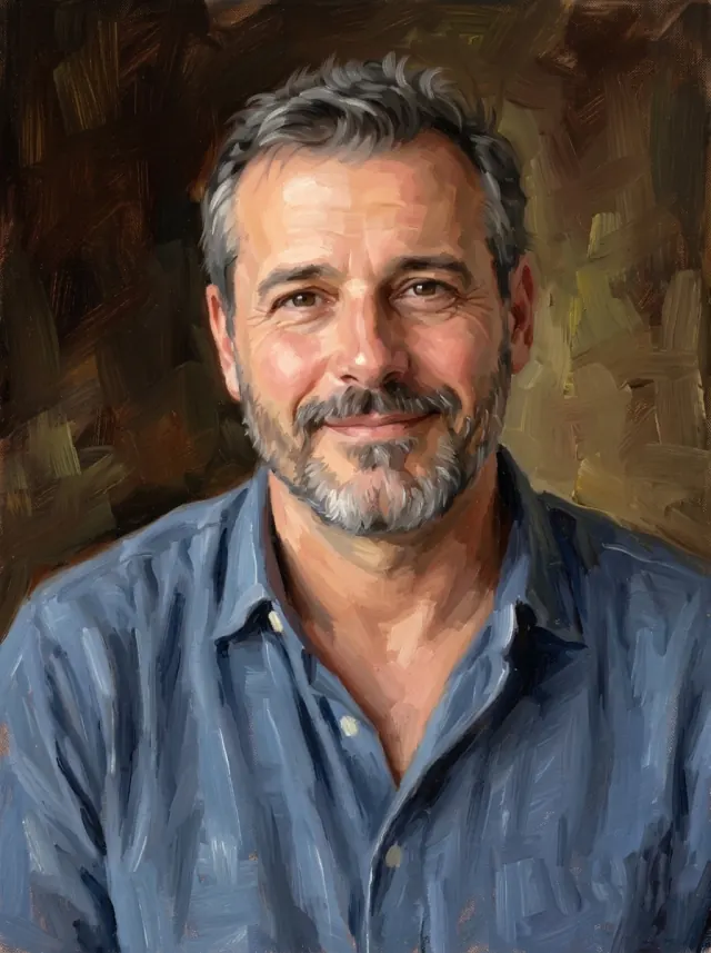Oil portrait of a man in a blue shirt against a softly painted dark brown background