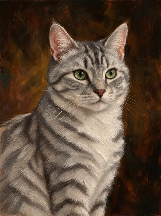 Oil painting of a silver-grey tabby cat with green eyes, white chest and visible layered brushwork