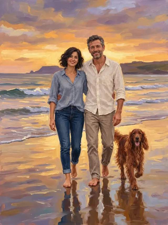 Oil painting of a couple in blue and ivory shirts walking along a sunset beach with an Irish setter