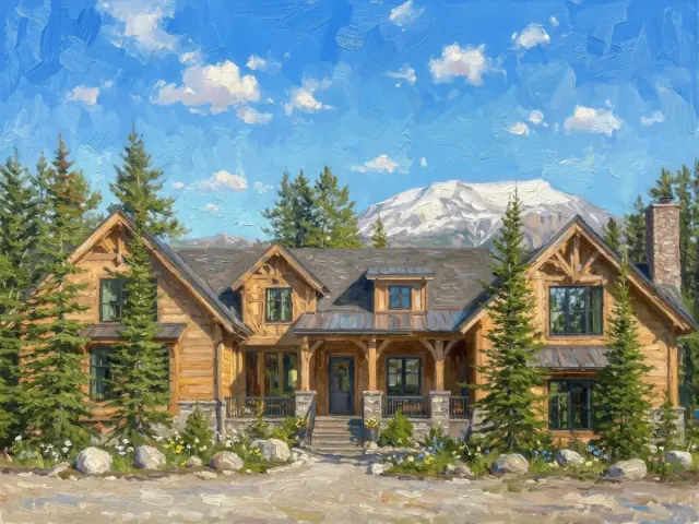 Landscape oil painting of a timber mountain home surrounded by pines beneath a snowy peak