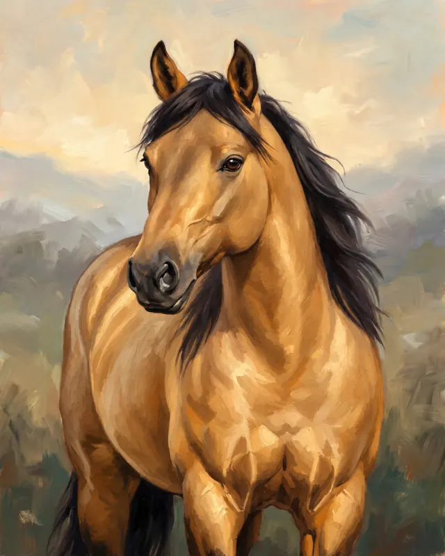 Oil painting of a golden buckskin horse with a dark mane against softly painted mountains