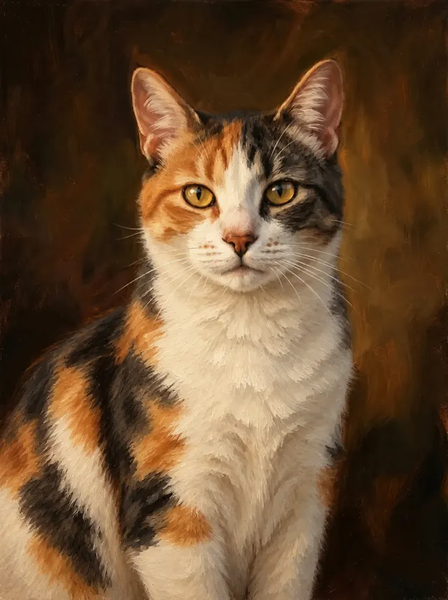 Oil painting of a calico cat with amber eyes and visible textured brushstrokes